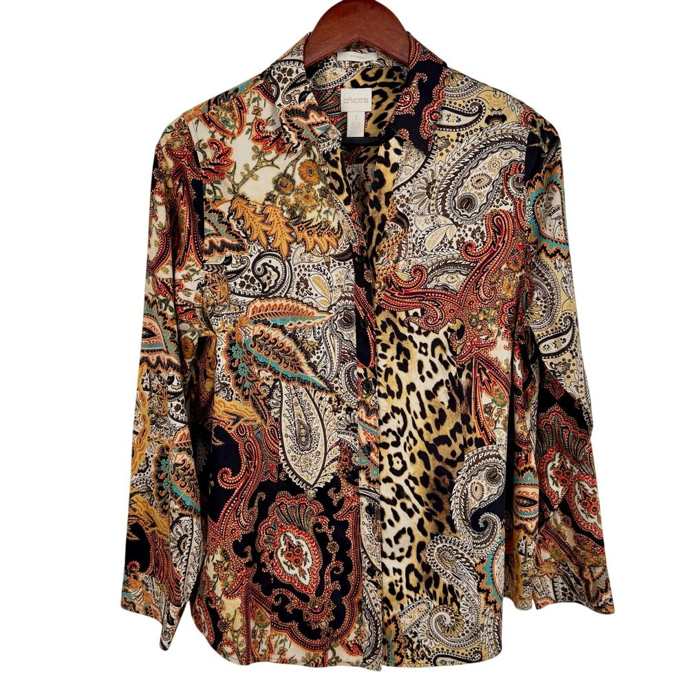 Chicos Sz Medium 1 US 8/10 Brown Animal Print Blouse Shirt Top Fall Formal Artsy